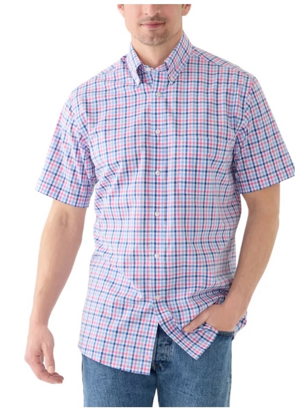 Croft & Barrow Mens Button Short Shirt Size XL Plaid White/Pink/Blue Gingham